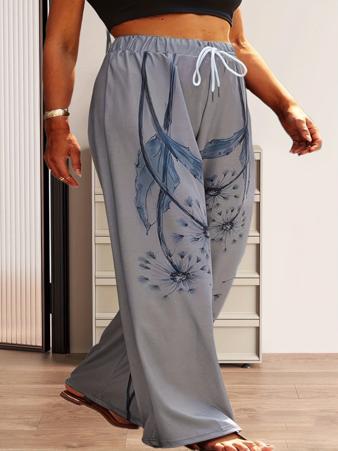 Plus Size Casual Pants Women's Plus Dandelion Print Sporty Trousers