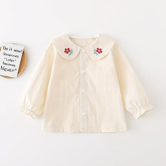 Girls Doll Collar Flower Graphic T Shirt Spring Autumn Long Sleeve Top