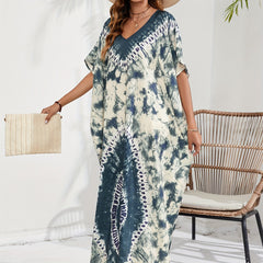  Tie Dye Batwing Sleeve V Neck Maxi Split Cover Up Dress