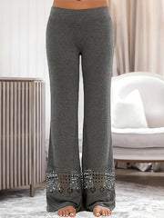  Solid Contrast Lace Flare Leg Stretch Pants