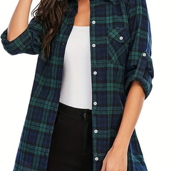  Plaid Print Button Up Long Sleeve Blouse