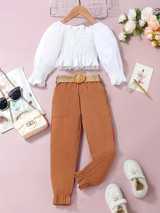 Girl's Shirred Top & Belted Pants Set for Spring Fall