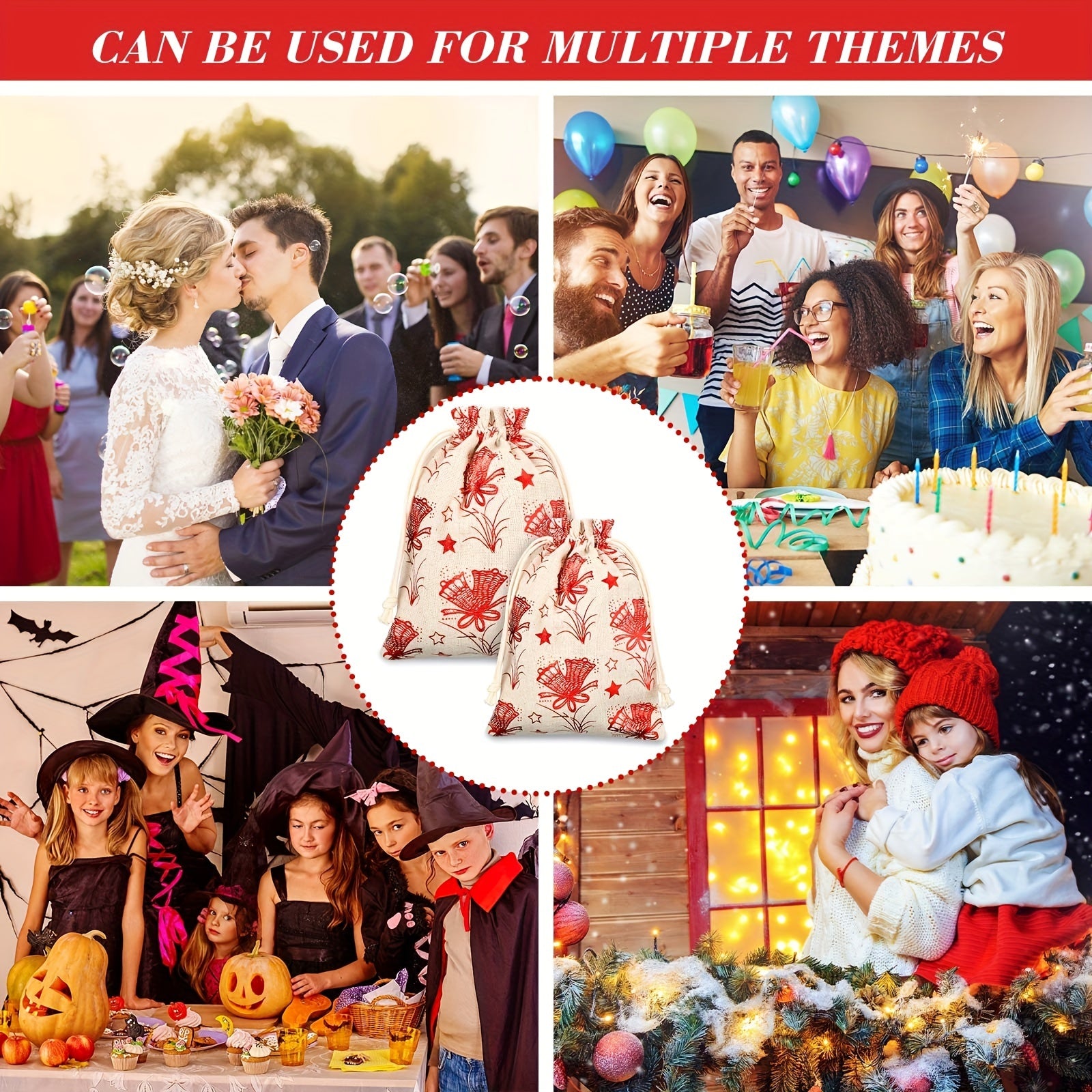 Christmas Print Bouquet Pocket Draw String Gift Bag
