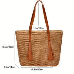 Colorblock Straw Tote Bag Woven Shoulder Bag With Tassel Decor