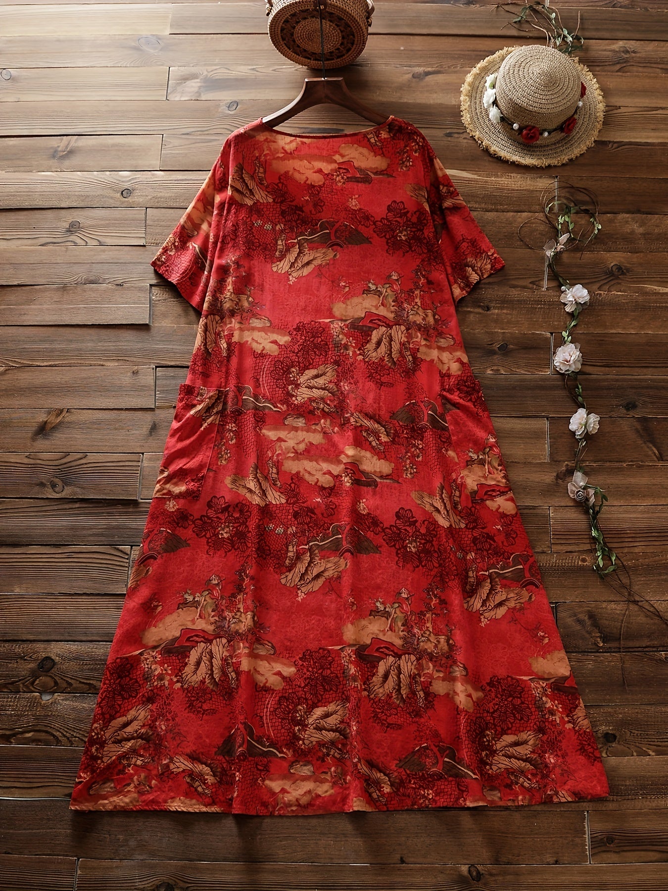 Chinoiserie Print Short Sleeve Dress Plus Size