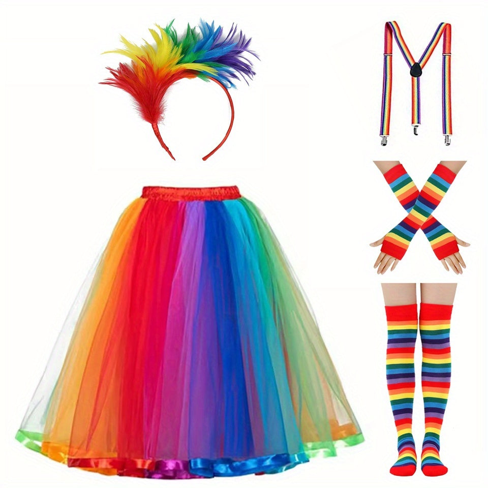 Rainbow Feather Headband Suspender Cuffs Socks Skirt Accessories Set 3p