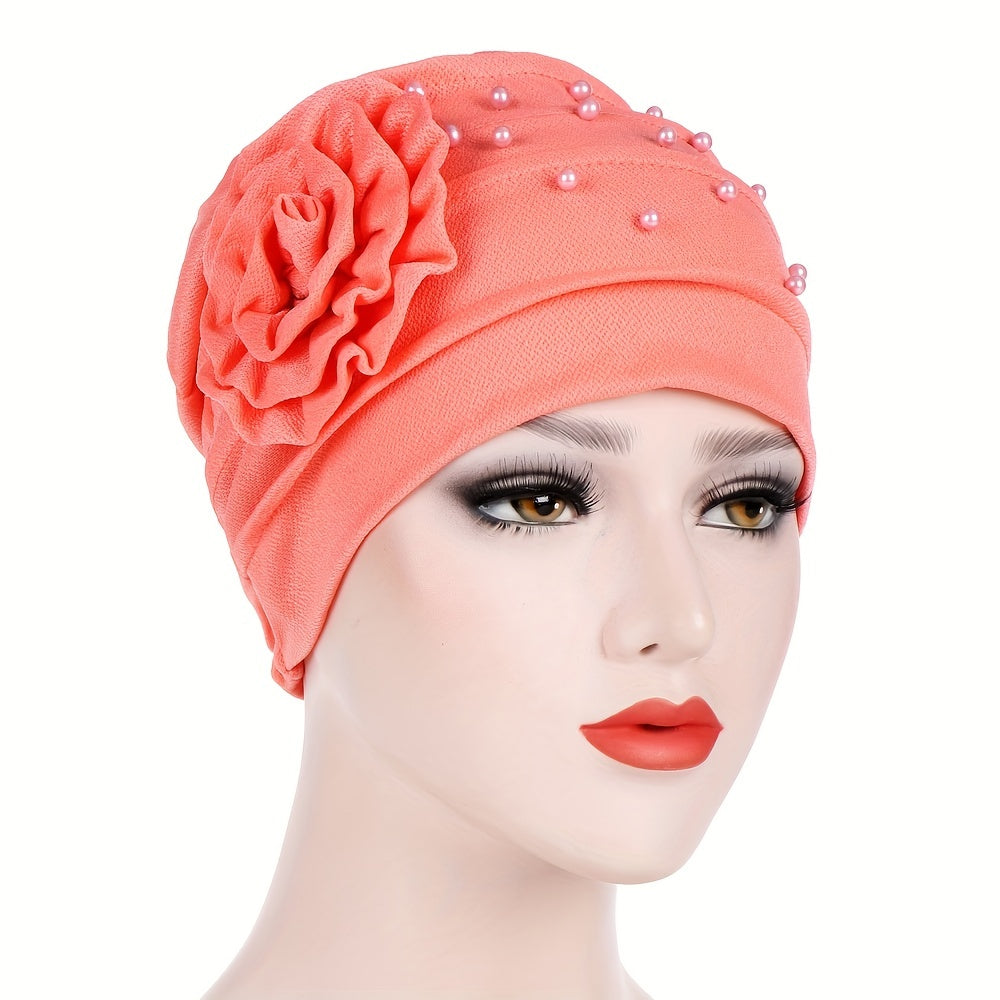 Beaded Turban Cap Solid Pleated Head Wraps Classic Elastic Hijab