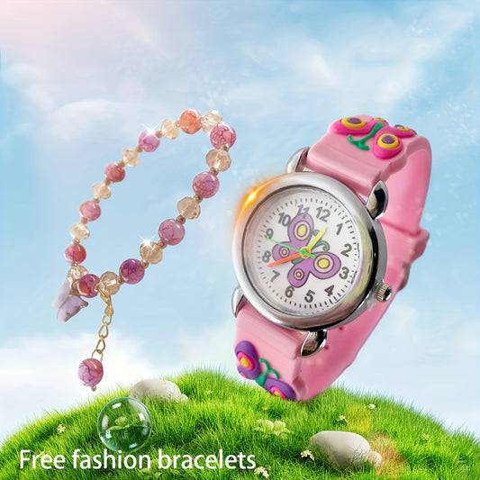 Kids Pink Butterfly Bracelet & Round Watch Set