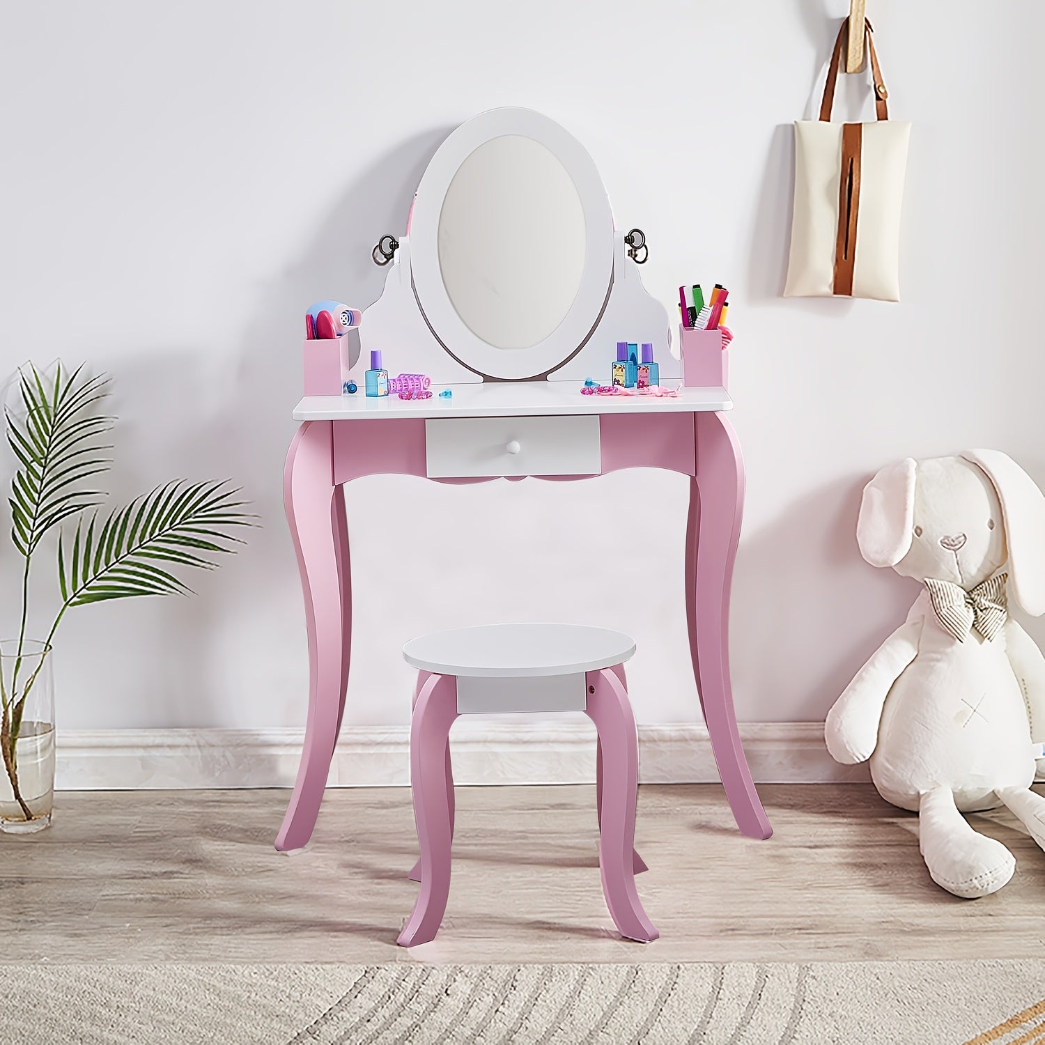Girls Vanity Set with Mirror and Stool 2 in 1 Top Rotatable Mirror