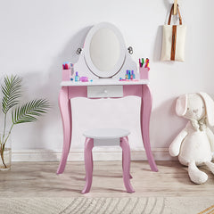 Girls Vanity Set with Mirror and Stool 2 in 1 Top Rotatable Mirror