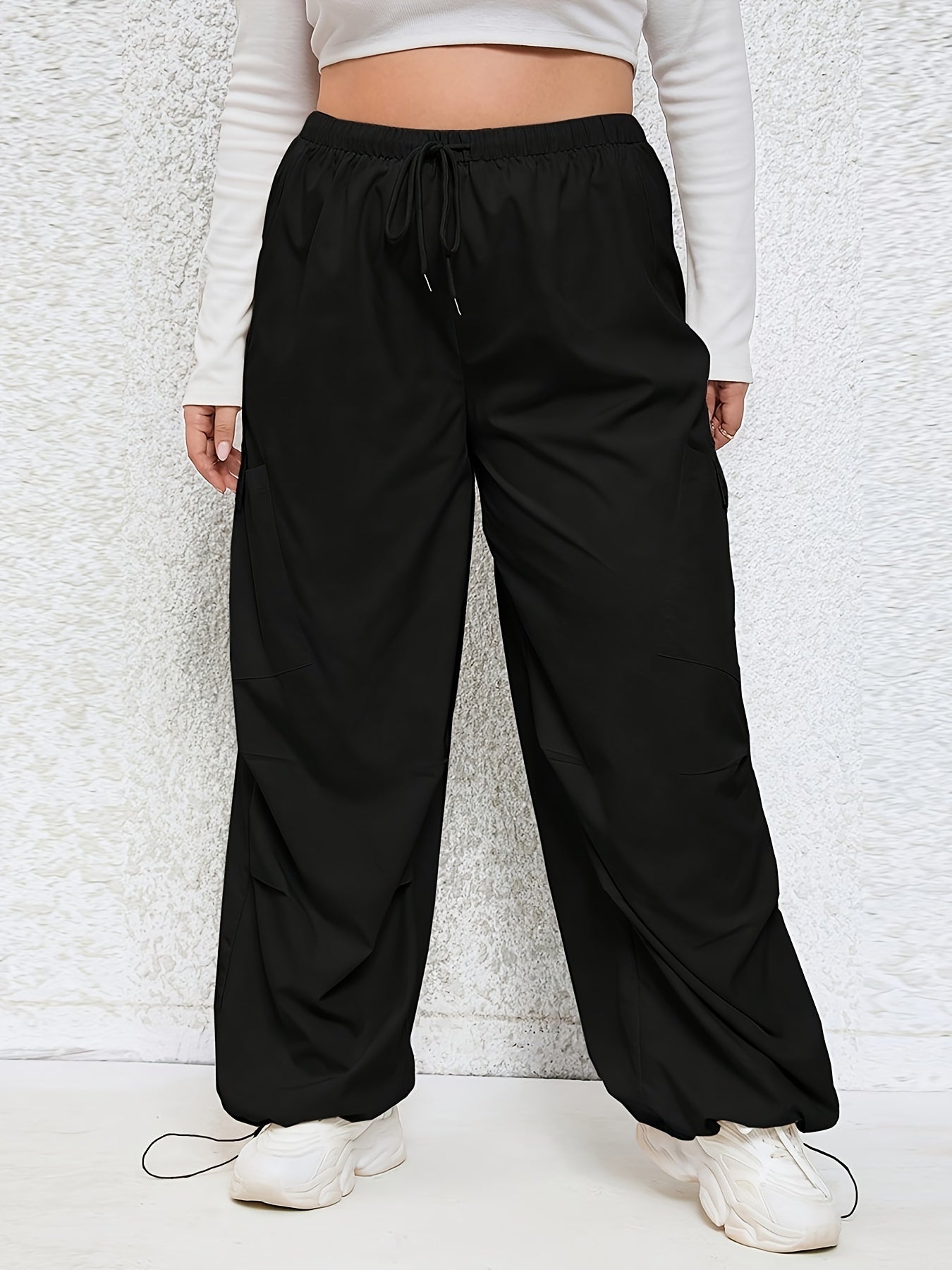  Solid Elastic Drawstring High Rise Wide Leg Cargo Trousers