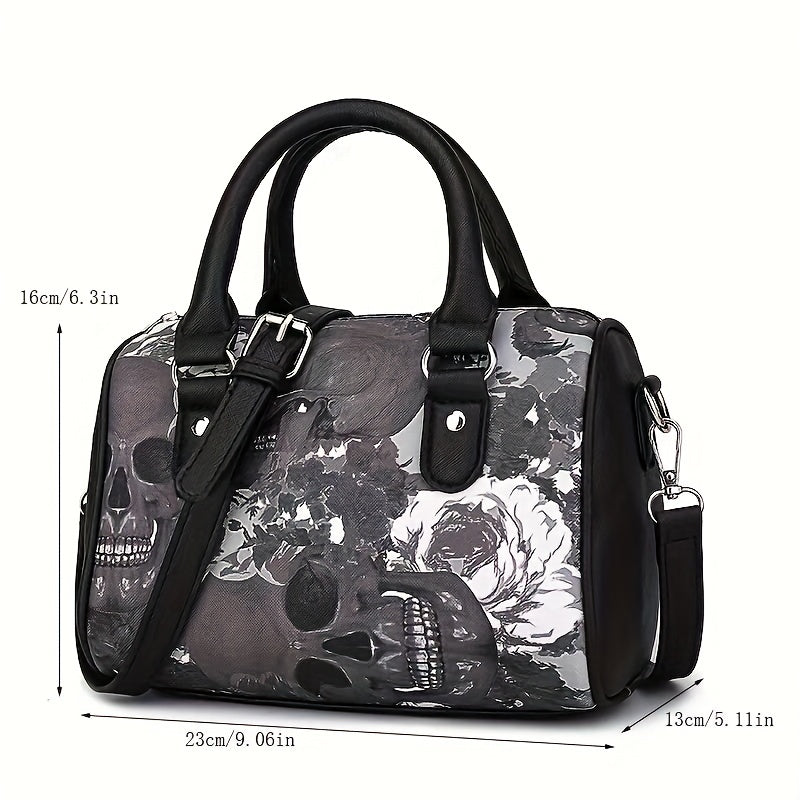 Gothic Skeleton Skull Print Handbags PU Leather Boston Bag