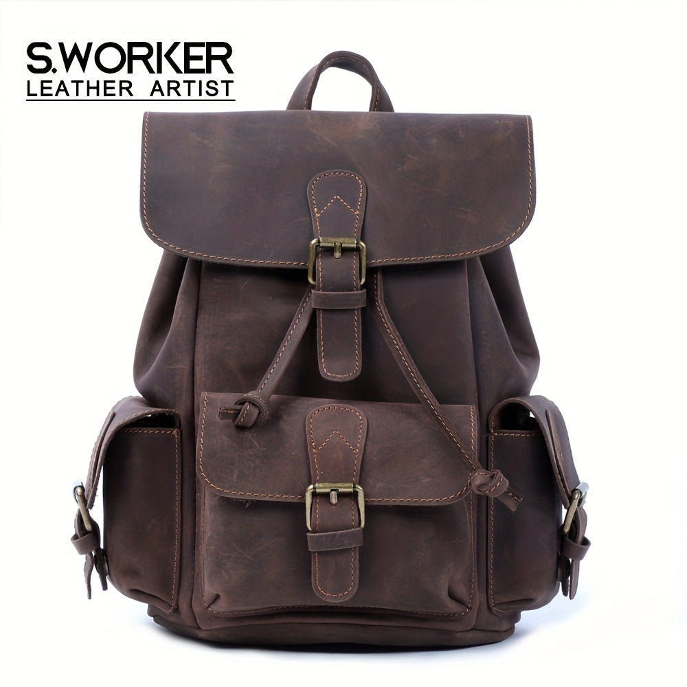Vintage Leather Backpack Classic Schoolbag Crazy Horse Leather Bag