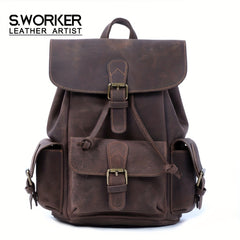Vintage Leather Backpack Classic Schoolbag Crazy Horse Leather Bag