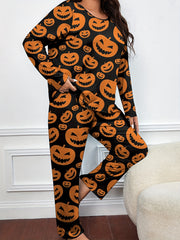  Pumpkin Print Pajamas Set Halloween Lounge 2 Piece