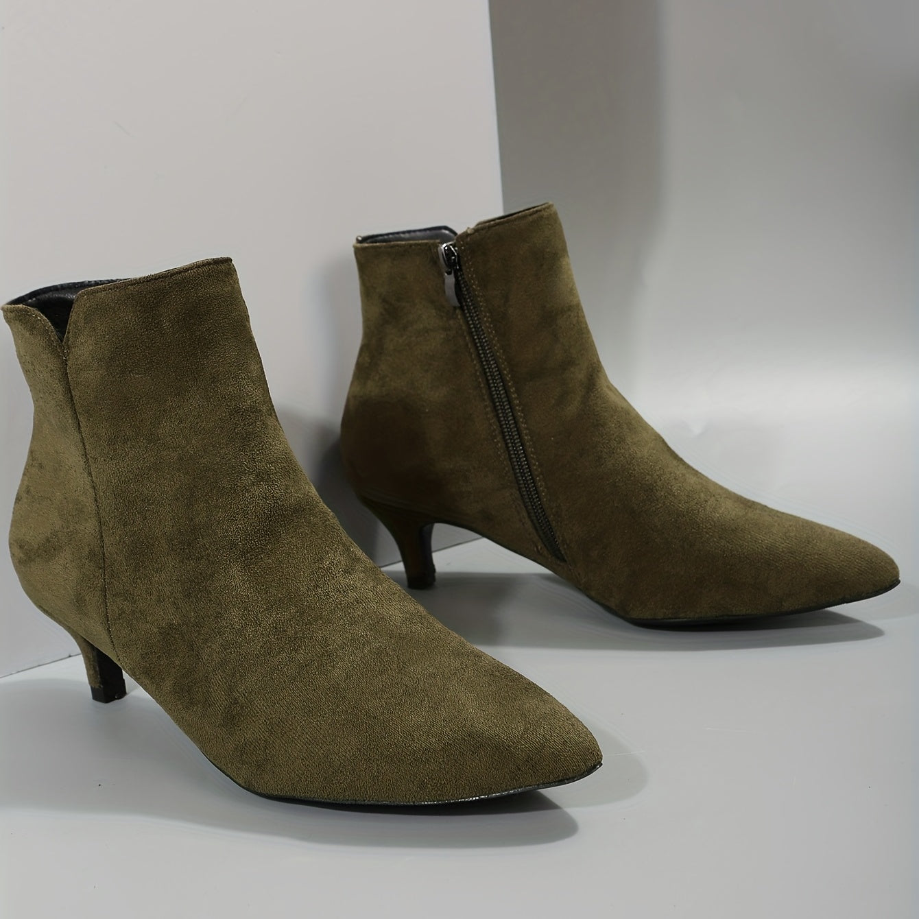 Women's Kitten Heel Ankle Boots Side Zipper Solid Point Toe Short Boots