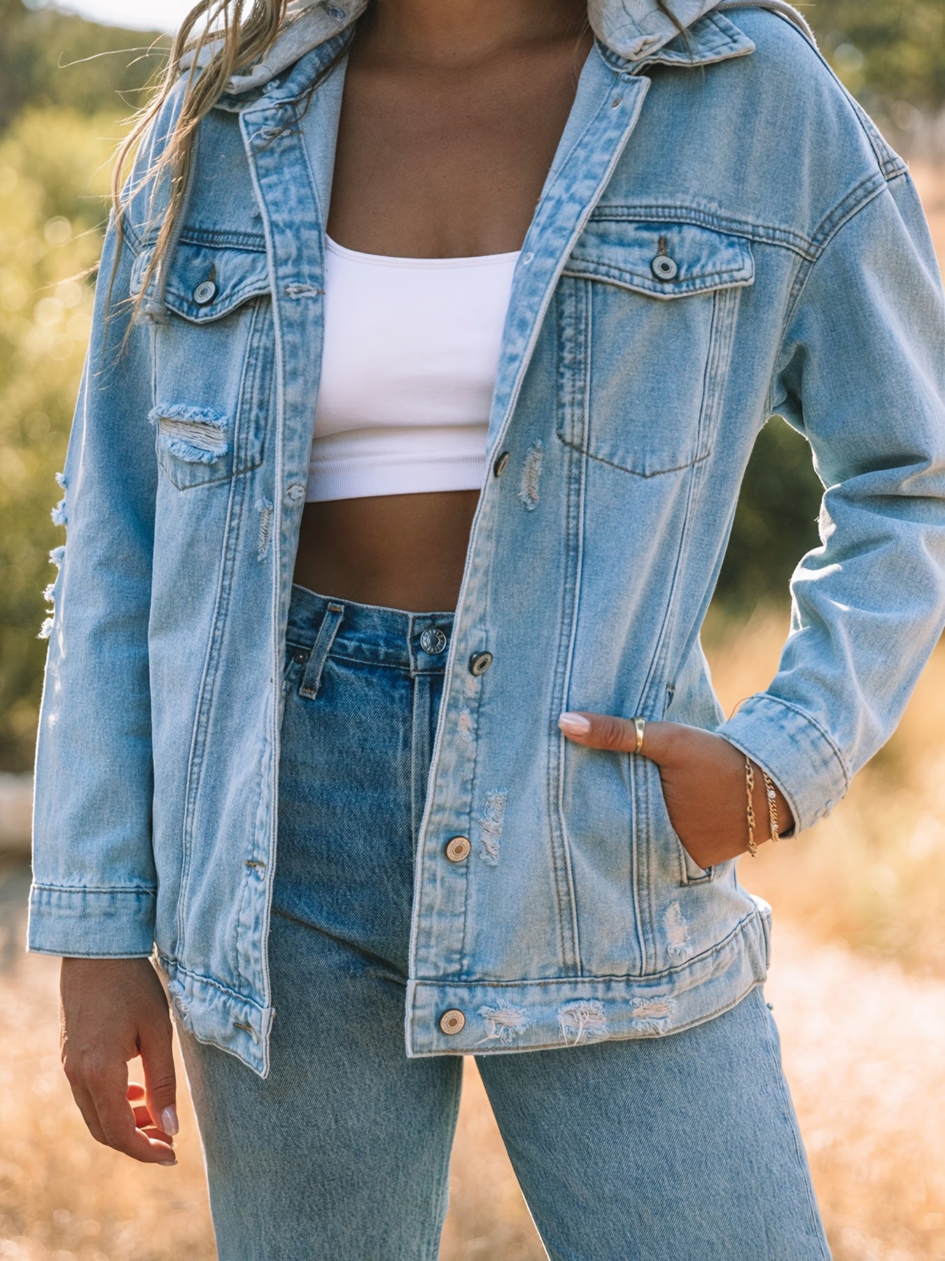 Ripped Long Sleeve Denim Jacket