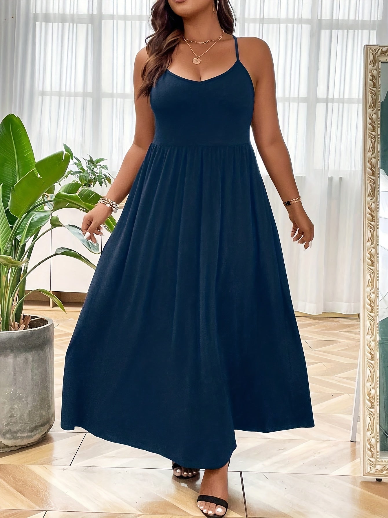  Solid Round Neck Maxi Cami Dress