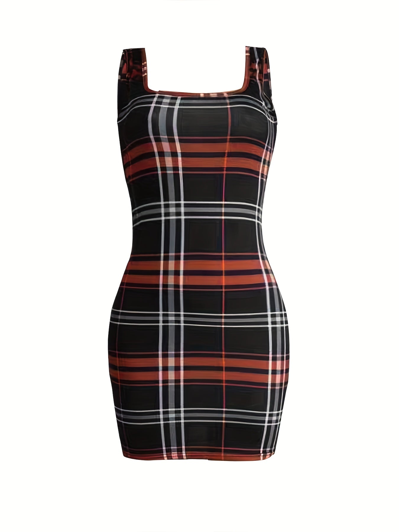  Plaid Print Square Neck Stretch Mini Tank Dress