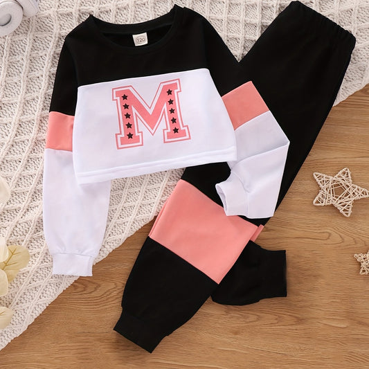Girl's 2pcs Letter M Sweatshirt & Sweatpants Set for Spring Fall
