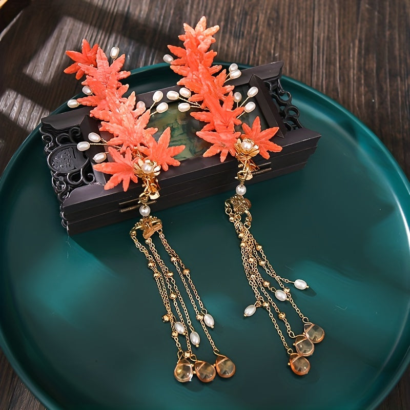Beaded Tassel Hair Clip w/ Maple Leaf Design