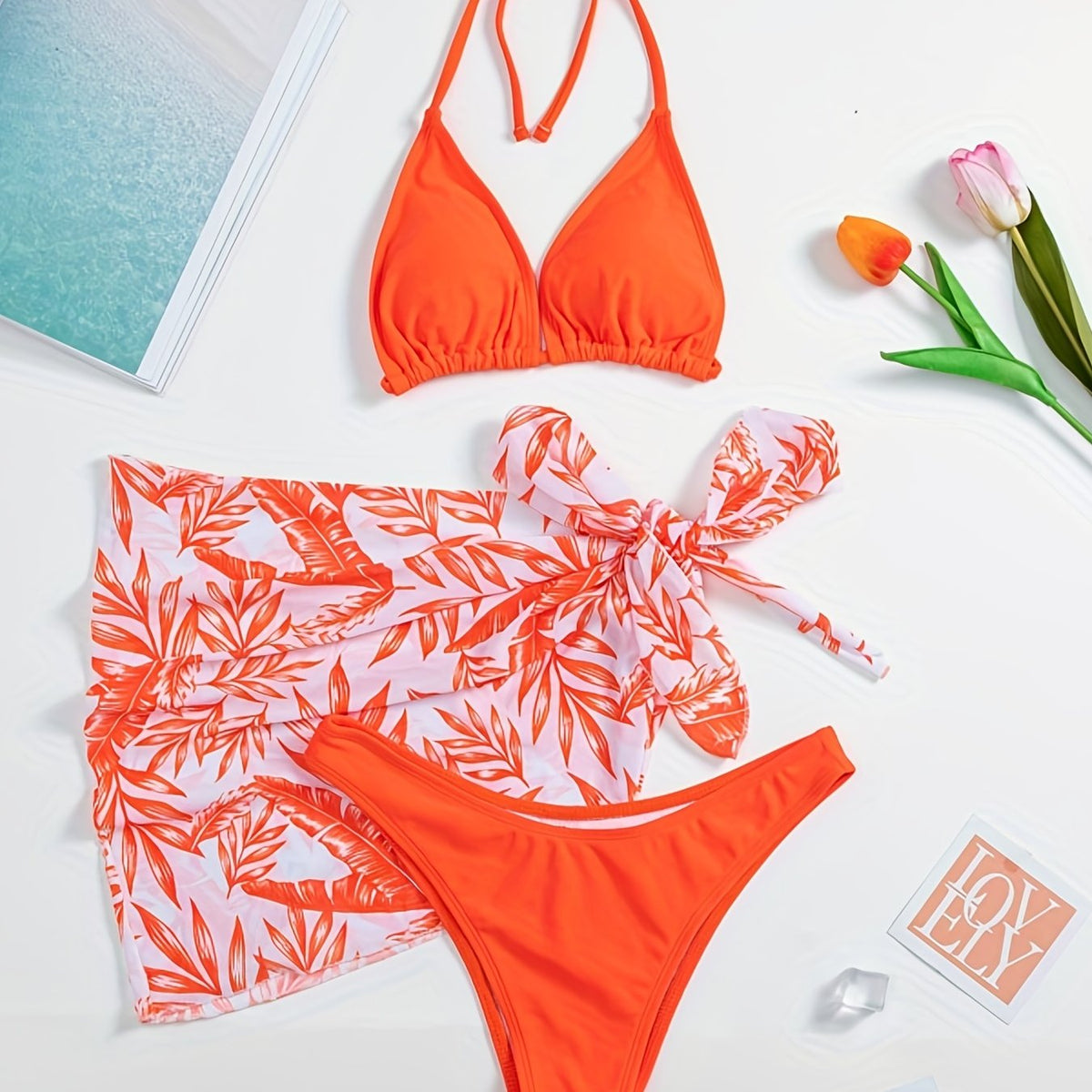 Leaf Print Bikini Set With Cover Up