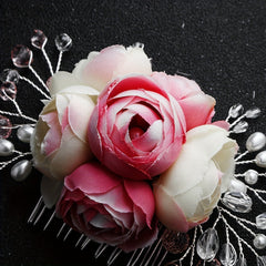 Flower Bridal Jewelry Hair Comb Faux Pearl Crystal Insert Comb