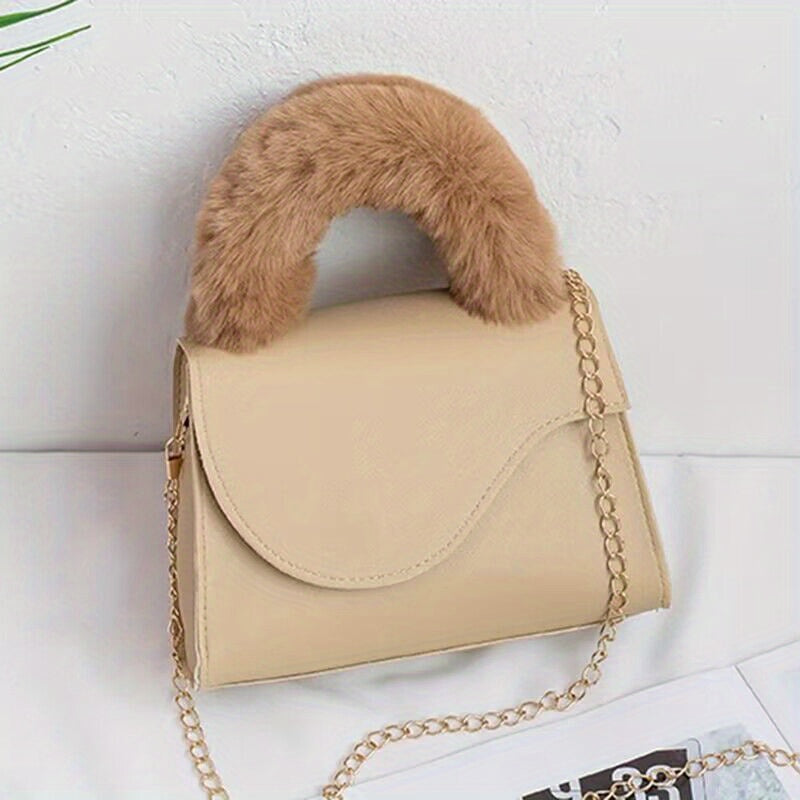 Plush Handle Chain Crossbody Bag Women's Square Shoulder Bag