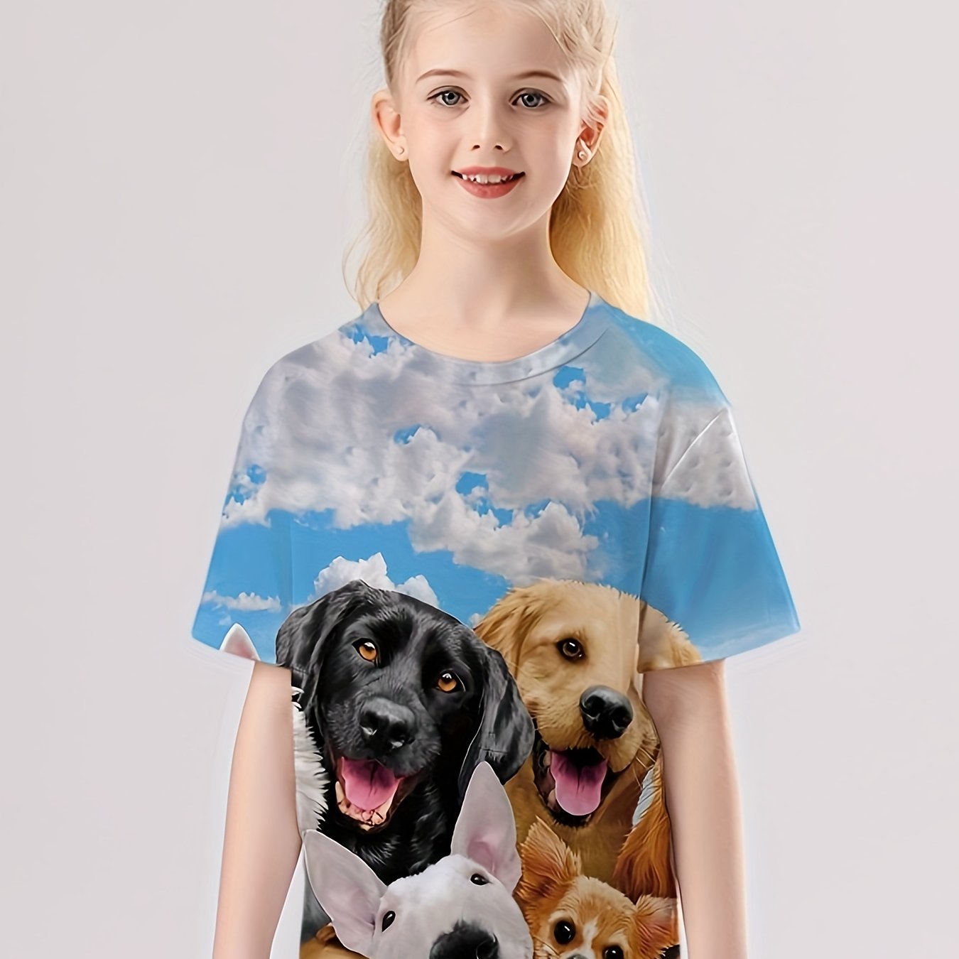 Girls Puppy Graphic Crew Neck Short Sleeve T shirt For Summer Gift