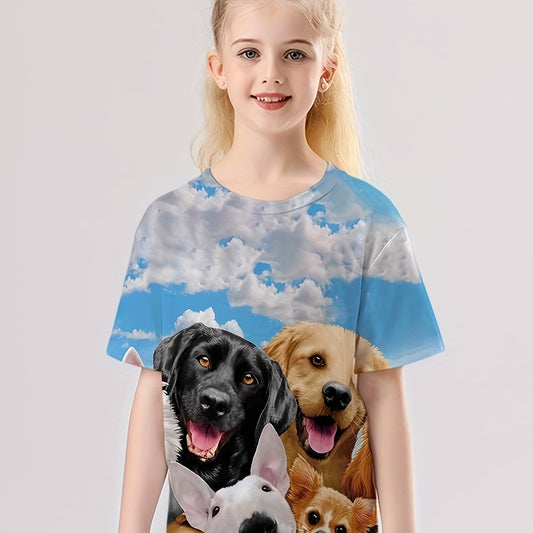 Girls Puppy Graphic Crew Neck Short Sleeve T shirt For Summer Gift