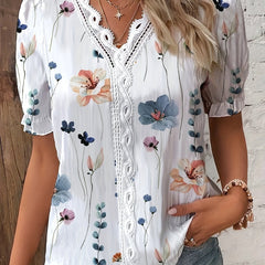  Floral Print Lace Panel Puff Sleeve V Neck Top