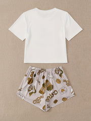 Cartoon Print Pajamas Set Short Sleeve Top & Shorts Pj Set Women's Sleepwear
