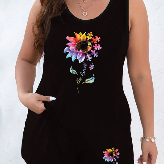  Loungewear Set Sunflower & Puzzle Print Tank Top & Shorts Pajam
