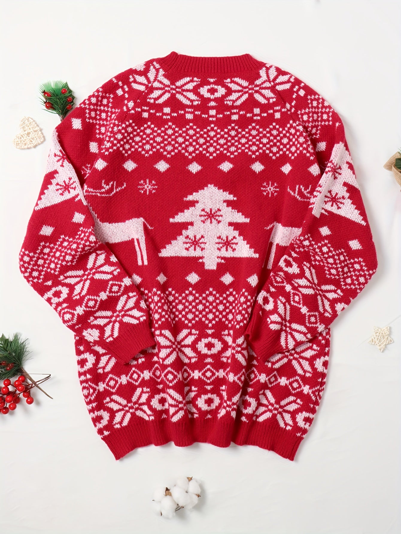  Christmas Sweater Dress Women's Plus Elk & Snowflake & Tree Pattern
