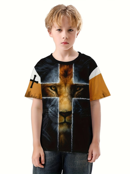 Lion Cross 3D Print Boys T-shirt Summer Lightweight Round Neck Top