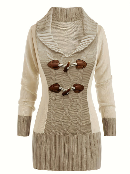  Colorblock Cable Button V-Neck Mini Sweater Dress