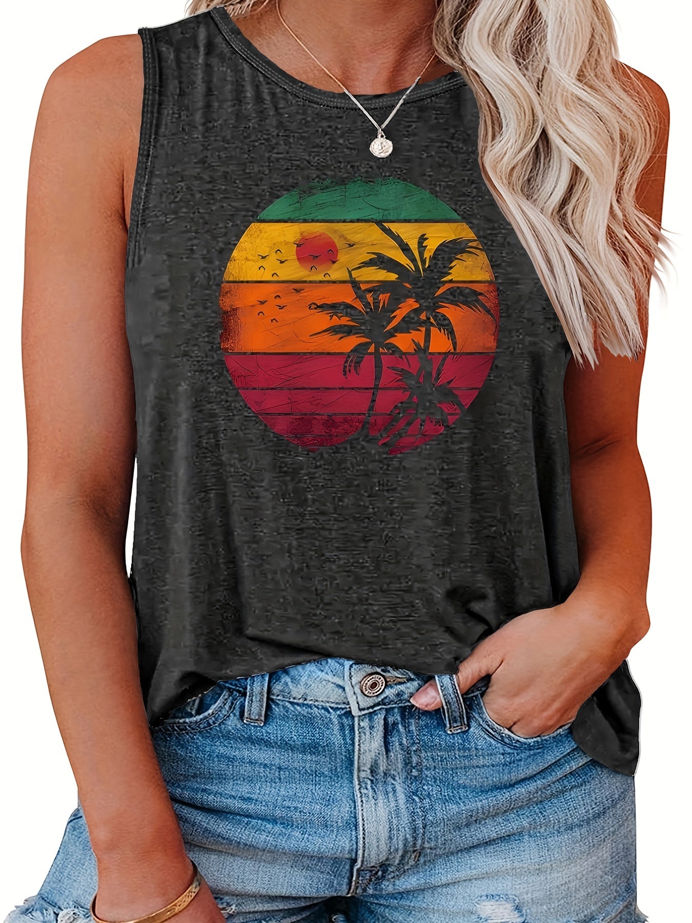  Colorblock Coconut Tree Print Tank Top