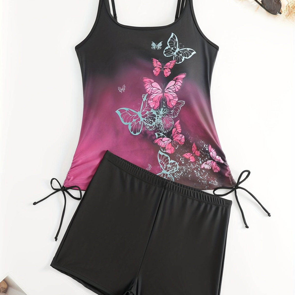  Ombre & Butterfly Print Lace Up Tankini Set