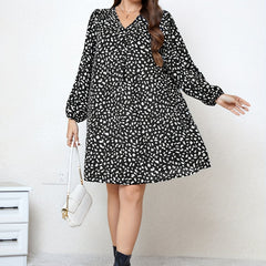  Dalmatian Print Lantern Sleeve V Neck Dress