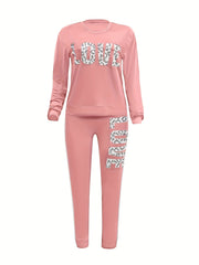  Leopard Print Pullover & Striped Pants Two Piece Set