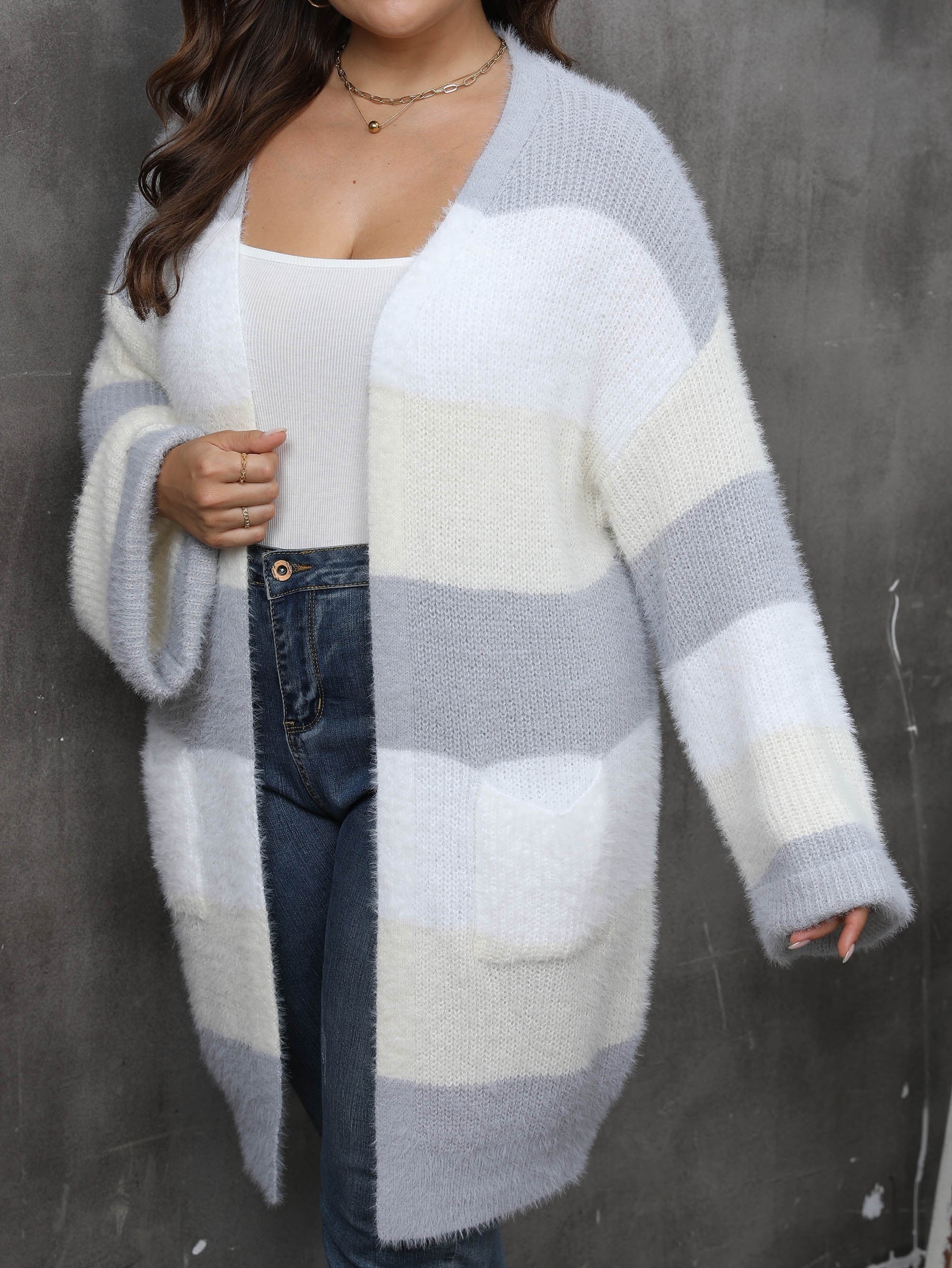  Colorblock Eyelash Long Sleeve Cardigan With Pockets