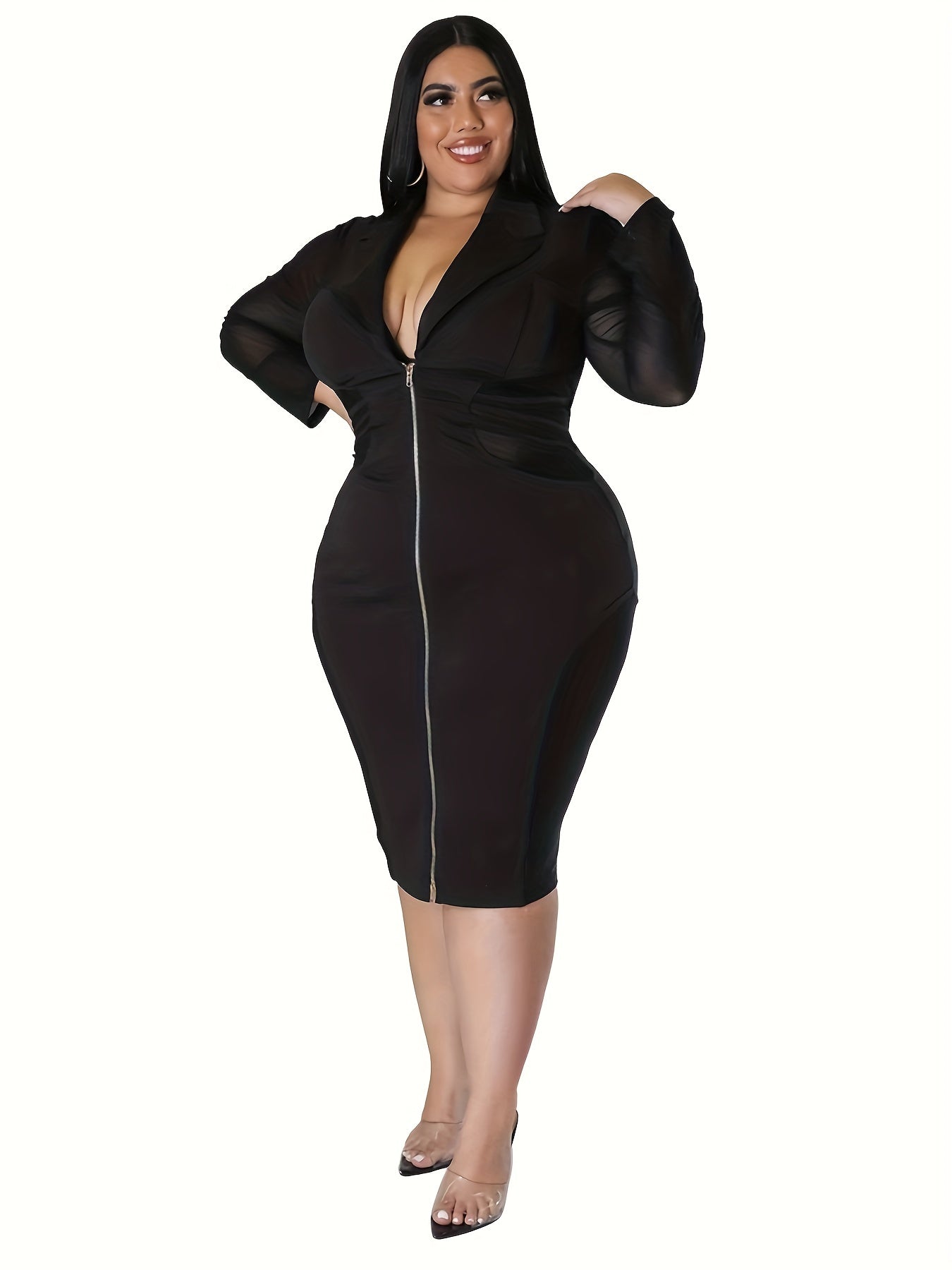  Sexy Contrast Mesh Long Sleeve Bodycon Midi Dress