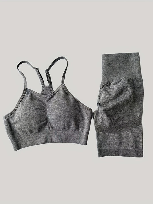 Solid Yoga Sports Set Cami Crop Top & High Waist Shorts Women's Activewear