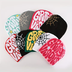 Unisex Reversible Spider Web Letter Jacquard Beanie Y2K Knit Hat