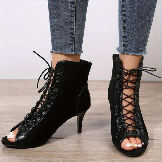 Women's Lace Up Stiletto Heels Peep Toe Suede Sandals