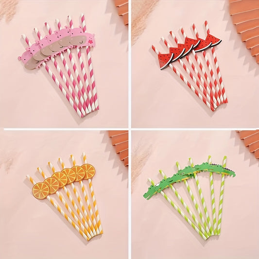 6pcs Disposable Paper Straw Fruit Animal Decoration Degradable