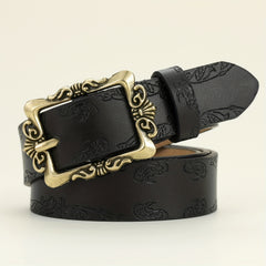 Vintage Embossed Hollow Carved Rectangular Buckle PU Belt Women