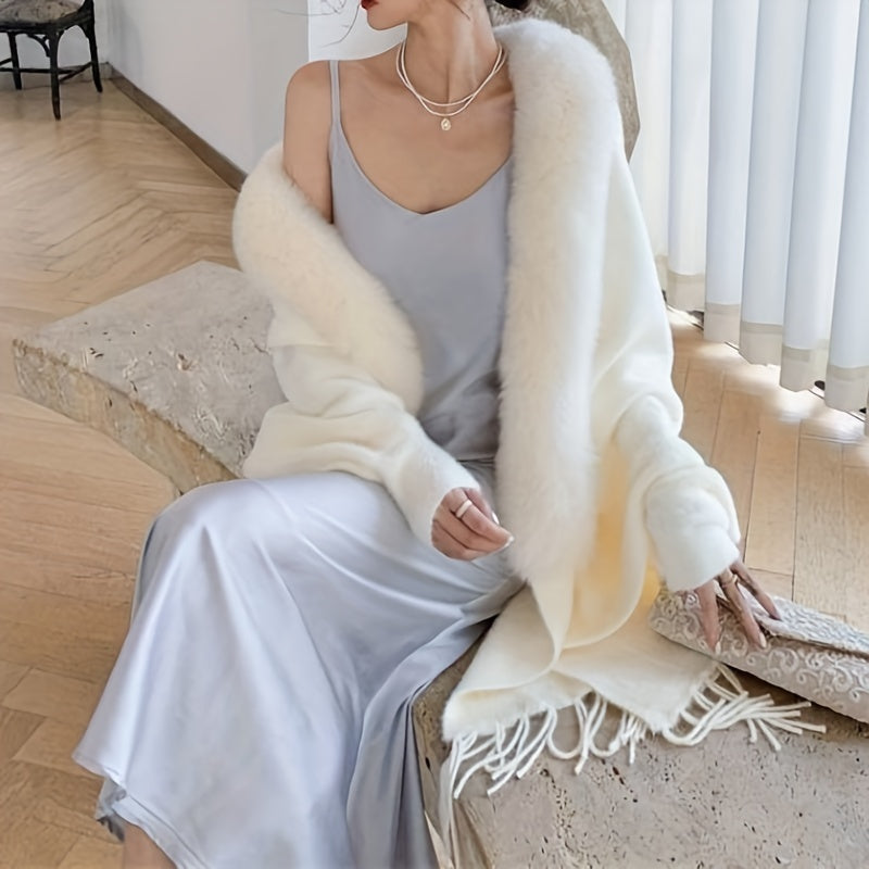 Beige Mink Shawl Plush Collar Knitted Warm Sweaters Cardigan