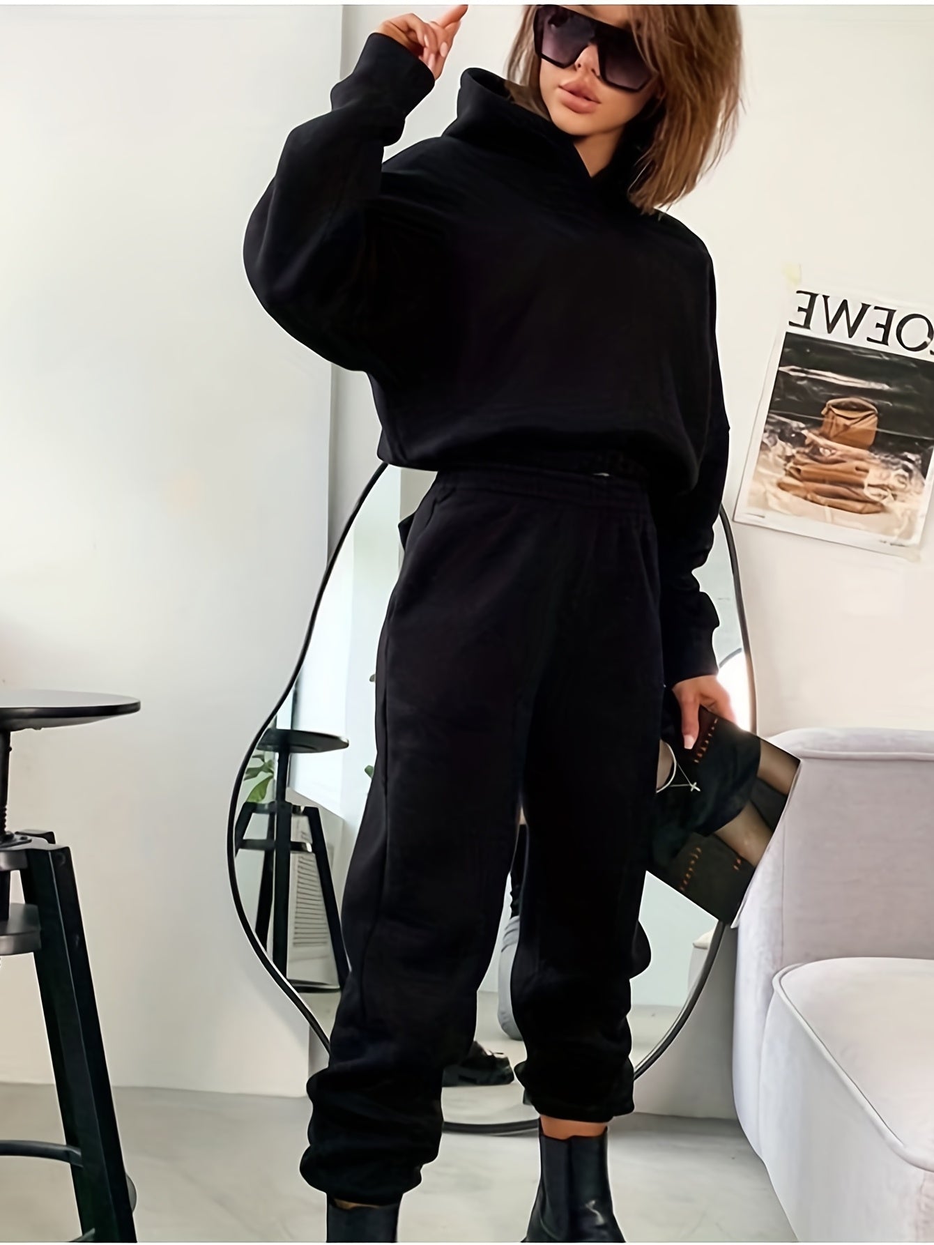 Solid Hoodie & Jogger Pants Set, Women's Clothing