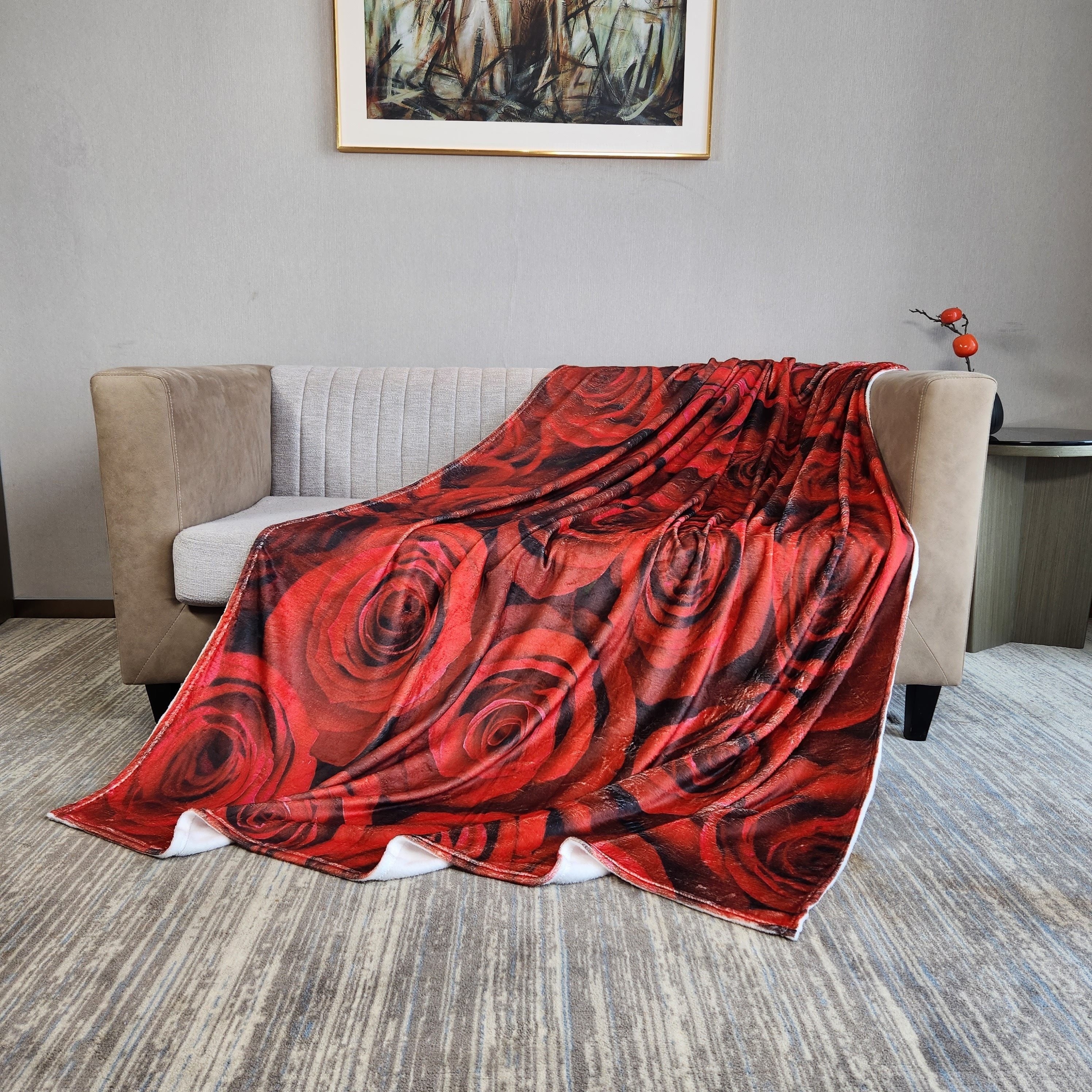 Rose Print Blanket Flannel Warm for Travel Camping Office